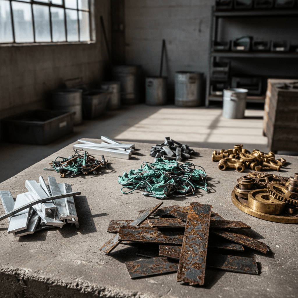 Detailed close-up of sorted metal materials including copper, aluminum, and steel pieces arranged by type