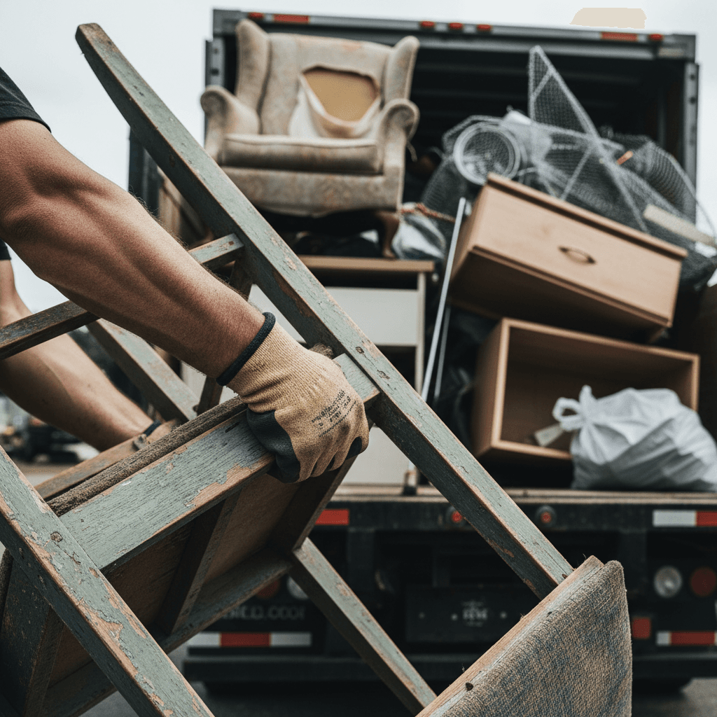 Truck loaded with household furniture and appliance junk ready for removal