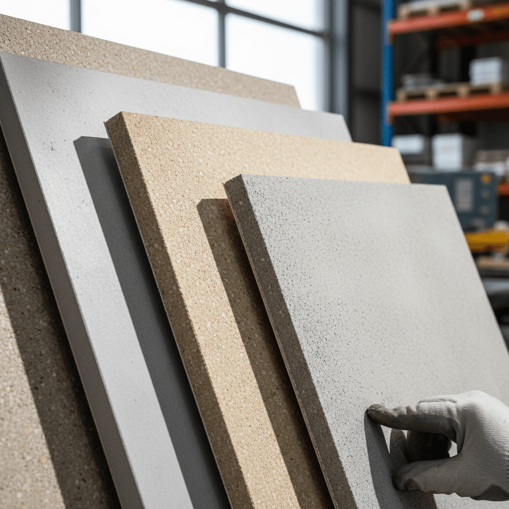 Close-up of stacked fiber cement panels showing texture and edge details with construction professional's hand inspecting material quality
