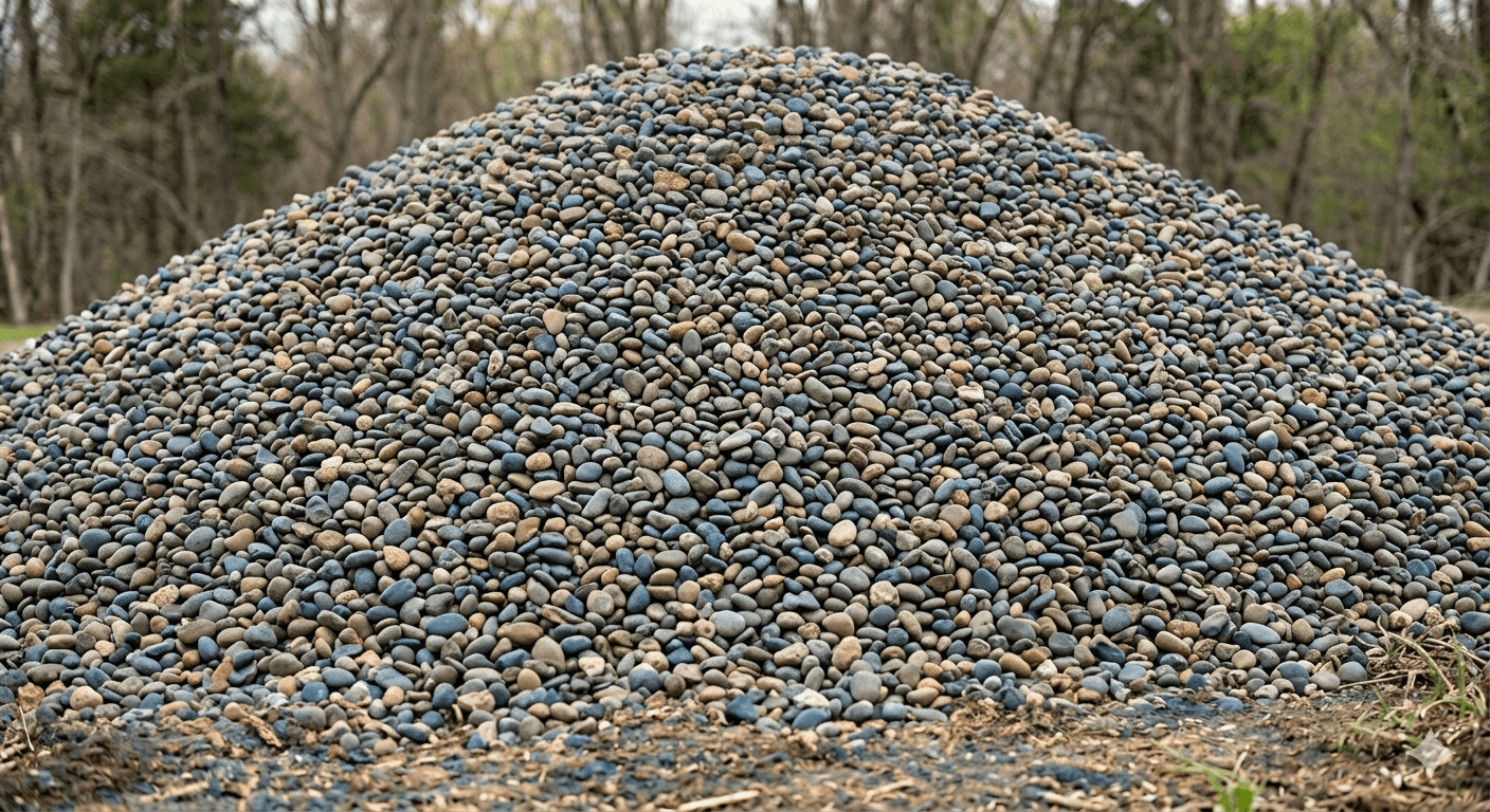 Large mound of smooth, rounded river stones in shades of blue, grey, and tan.