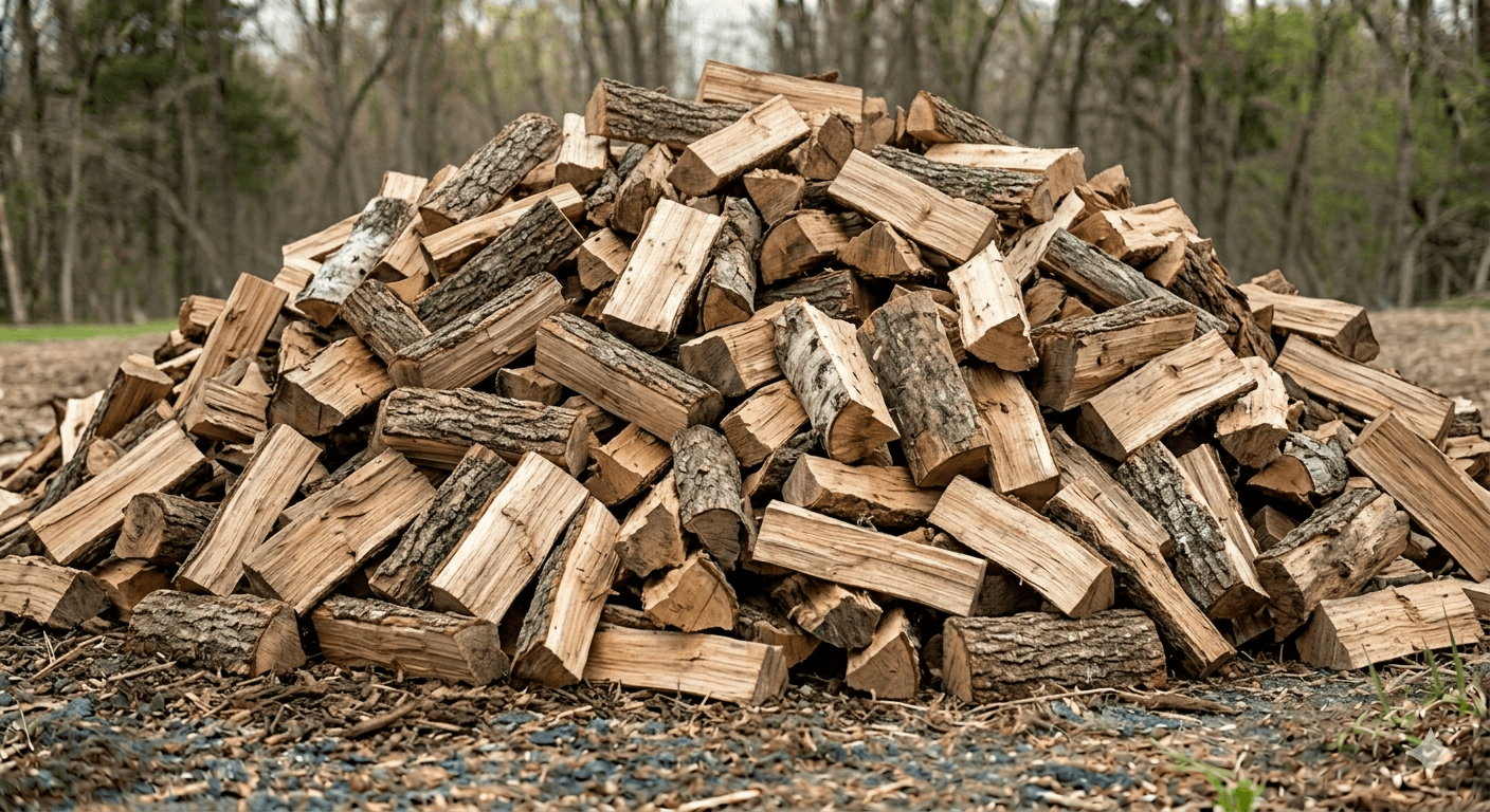 Large pile of split firewood logs on the ground with a blurred forest background.