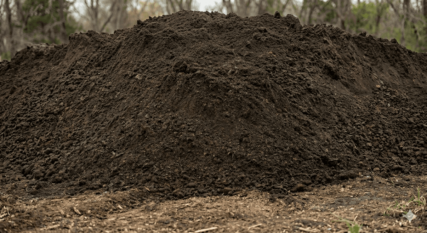 Large mound of dark, rich organic soil or compost outdoors with a blurred forest background.