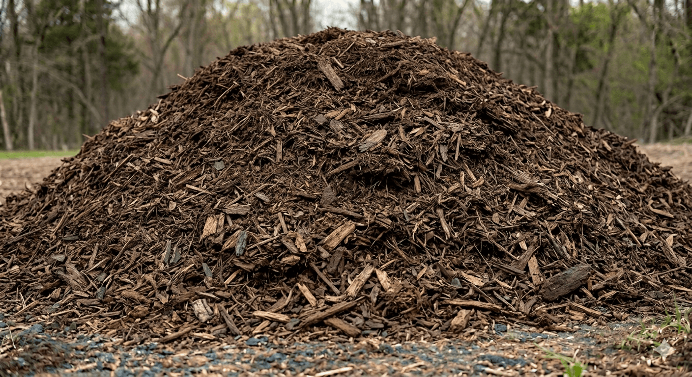 A large pile of dark brown wood mulch chips with a blurred forest background.